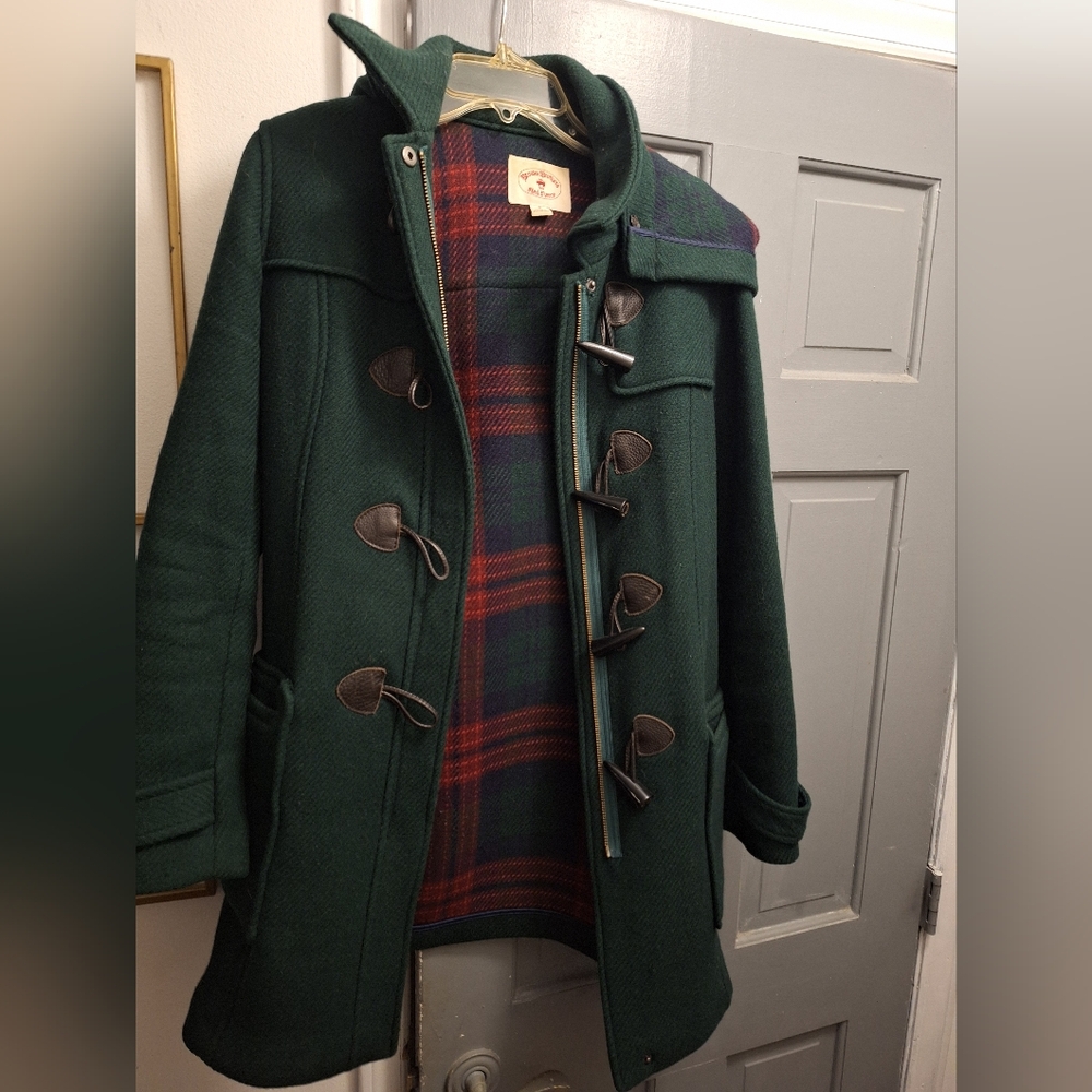 Brooks Brothers Green Wool Toggle Coat w Plaid Lining & Hood